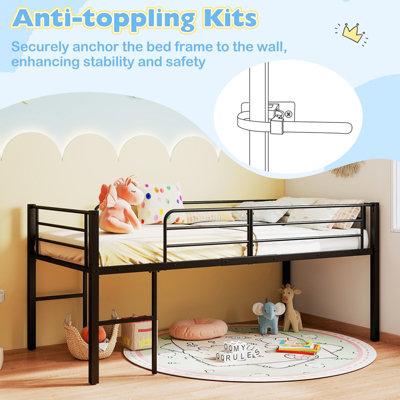 GAINOOM Single Size Low Loft Bed Metal Bed Frame with Safety Guardrails ...