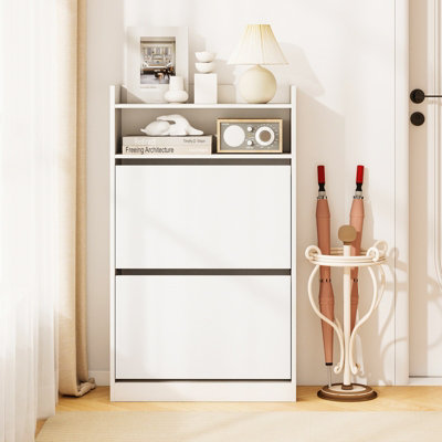 GAINOOM Slim Hidden Narrow White Shoe Organizer Cabinet with Open Storage