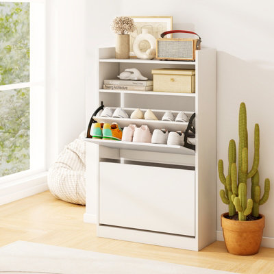 GAINOOM Slim Hidden Narrow White Shoe Organizer Cabinet with Open Storage