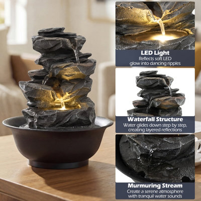 GAINOOM Tabletop Water Fountain Indoor Desktop Cascading Water Feature With LED Light
