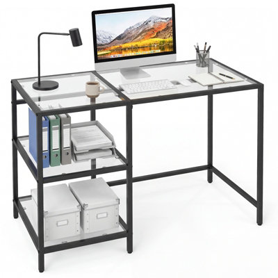 GAINOOM Tempered Glass Computer Desk Black Modern Office Desk with ...