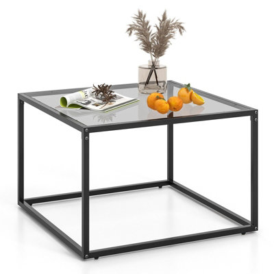 GAINOOM Tempered Grey Glass Top Coffee Table Home Square Tea Table ...