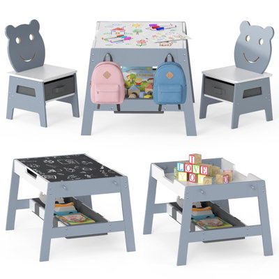 GAINOOM Versatile Gray Kids Table & 2 Chairs Set Wooden Activity Table ...