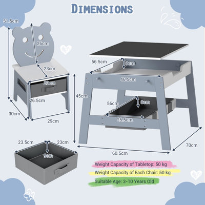 GAINOOM Versatile Gray Kids Table & 2 Chairs Set Wooden Activity Table ...