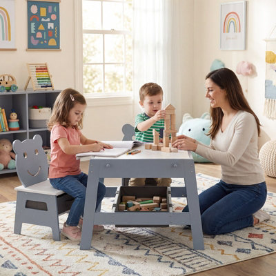 GAINOOM Versatile Gray Kids Table & 2 Chairs Set Wooden Activity Table ...