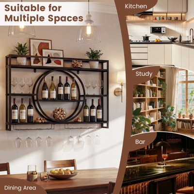 GAINOOM Wall Mounted Black Wine Rack 3-Tier Large Capacity Hanging Bar ...