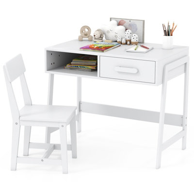 GAINOOM White Kids Desk and Chair Set Wooden Study Desk Set w/ Drawer