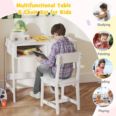 GAINOOM White Kids Desk and Chair Set Wooden Study Desk Set w/ Drawer