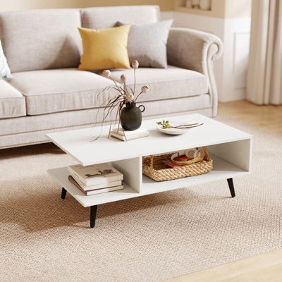 GAINOOM White Mid Century Modern Coffee Table 2-Tier Accent Table