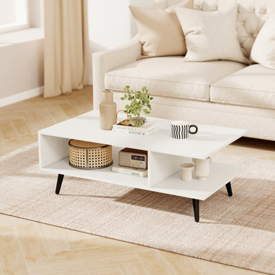 GAINOOM White Mid Century Modern Coffee Table 2-Tier Accent Table