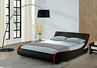 Galactic Curved Double Bed Frame Sleek PU Black Faux Leather with Red Trim