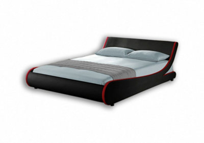 Galactic Curved Double Bed Frame Sleek PU Black Faux Leather with Red Trim