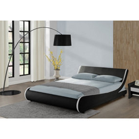 Galactic Curved King Bed Frame Sleek PU Black Faux Leather with White Trim