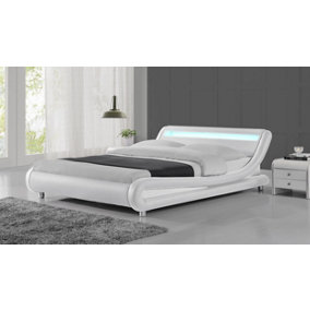 Galaxy Faux Leather Double Bed Frame with LED, White