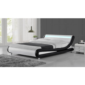 Galaxy Faux Leather King Bed Frame with LED, Black/White