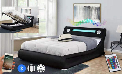 Galaxy LED Strip Lighting Integrated Speakers Bluetooth USB Remote Control Storage Ottoman Double Bed Faux Leather Frame