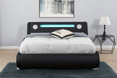 Galaxy LED Strip Lighting Integrated Speakers Bluetooth USB Remote Control Storage Ottoman Double Bed Faux Leather Frame