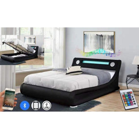 Galaxy LED Strip Lighting Integrated Speakers Bluetooth USB Remote Control Storage Ottoman King Bed Faux Leather Frame