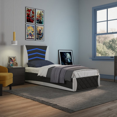 Galaxy Ottoman Storage LED Headboard Gaming Single Bed Frame (Black and ...
