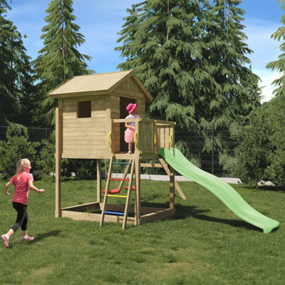 Galaxy play equipment with double swings, slide and raised playhouse