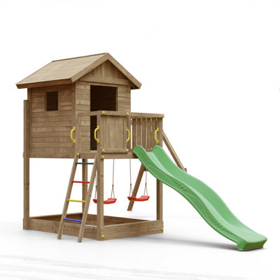 Galaxy play equipment with double swings, slide and raised playhouse