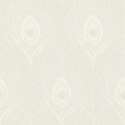 Galerie Absolutely Chic Beige Grey Metallic Peacock Feather Motif Smooth Wallpaper