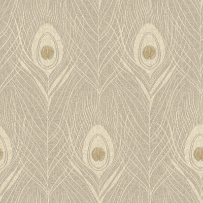 Galerie Absolutely Chic Beige Grey Metallic Peacock Feather Motif Smooth Wallpaper