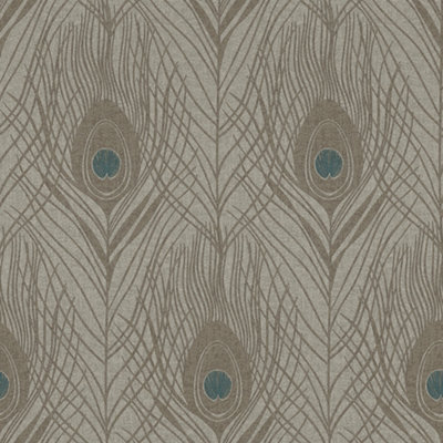 Galerie Absolutely Chic Blue Brown Grey Peacock Feather Motif Smooth Wallpaper