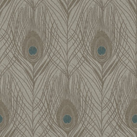 Galerie Absolutely Chic Blue Brown Grey Peacock Feather Motif Smooth Wallpaper
