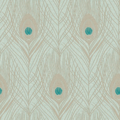 Galerie Absolutely Chic Blue Green Metallic Peacock Feather Motif Smooth Wallpaper