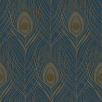 Galerie Absolutely Chic Blue Yellow Metallic Peacock Feather Motif Smooth Wallpaper