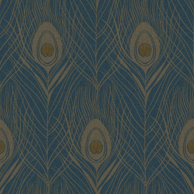 Galerie Absolutely Chic Blue Yellow Metallic Peacock Feather Motif Smooth Wallpaper