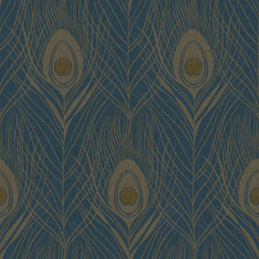 Galerie Absolutely Chic Blue Yellow Metallic Peacock Feather Motif Smooth Wallpaper