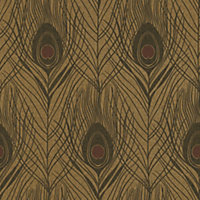 Galerie Absolutely Chic Brown Metallic Black Peacock Feather Motif Smooth Wallpaper