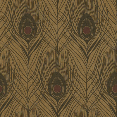 Galerie Absolutely Chic Brown Metallic Black Peacock Feather Motif Smooth Wallpaper