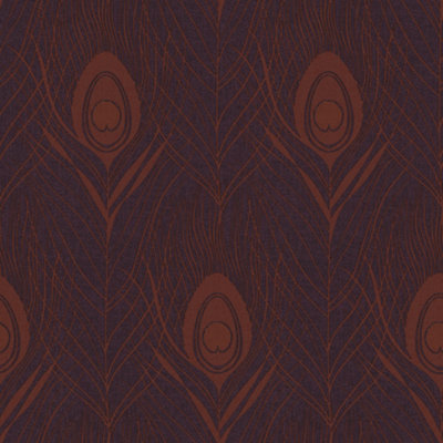 Galerie Absolutely Chic Metallic Red Lilac Peacock Feather Motif Smooth Wallpaper