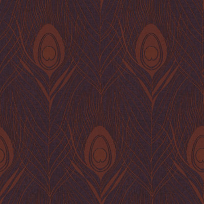 Galerie Absolutely Chic Metallic Red Lilac Peacock Feather Motif Smooth Wallpaper