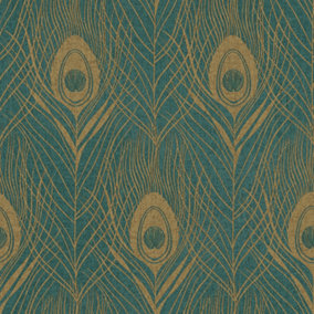 Galerie Absolutely Chic Yellow Green Metallic Peacock Feather Motif Smooth Wallpaper