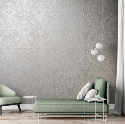 Galerie Adonea Ares Stone Grey Metallic Damask 3D Embossed Wallpaper Roll