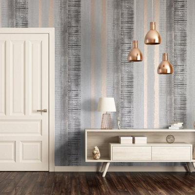 Galerie Adonea Hermes Grey Copper Metallic Stripe Smooth Wallpaper Roll