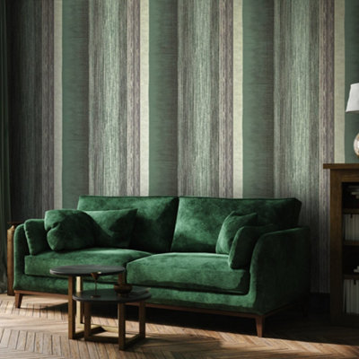 Galerie Adonea Poseidon Woody Green Metallic Stripe Smooth Wallpaper Roll