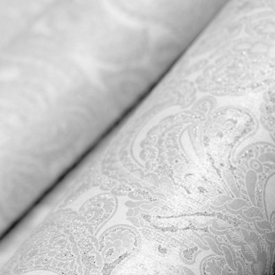 Galerie Adonea Snow Silver Aphrodite Damask Glass Beads 3D Embossed Wallpaper Roll