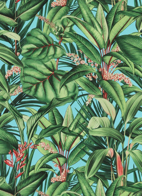 Galerie Amazonia Blue Green Tropical Print Smooth Wallpaper