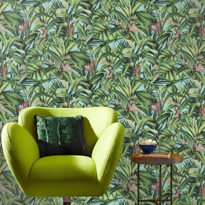 Galerie Amazonia Blue Green Tropical Print Smooth Wallpaper