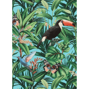 Galerie Amazonia Turquoise Multi-Coloured Tropical Birds Smooth Wallpaper