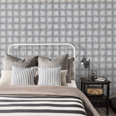 Galerie Ambiance Charcoal Silver Metallic Tile Embossed Wallpaper