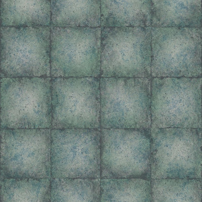 Galerie Ambiance Teal Silver Metallic Tile Embossed Wallpaper