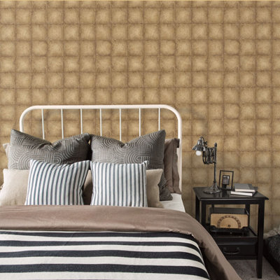 Galerie Ambiance Yellow Gold Metallic Tile Embossed Wallpaper