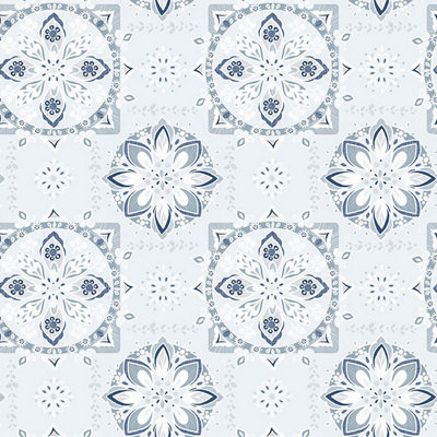 Galerie Anthologie blue grey white pearlescent tile effect smooth wallpaper