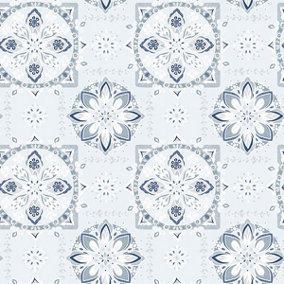 Galerie Anthologie blue grey white pearlescent tile effect smooth wallpaper